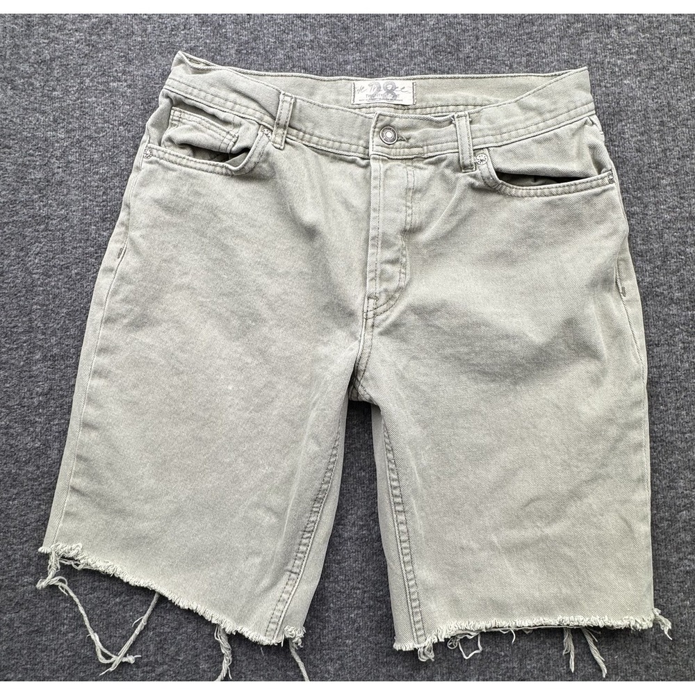 We The Free People Cutoff Shorts Green Denim Distressed Button Fly Sz 28 Raw Hem